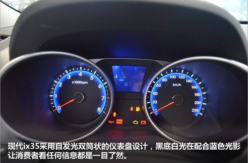 现代ix35仪表盘说明书,北京现代ix35使用教程 现代ix35采用自发光双筒状的仪表盘设计,黑底白光在配合蓝色光影让