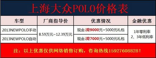 上海大众2013NEW POLO分期“0”利率