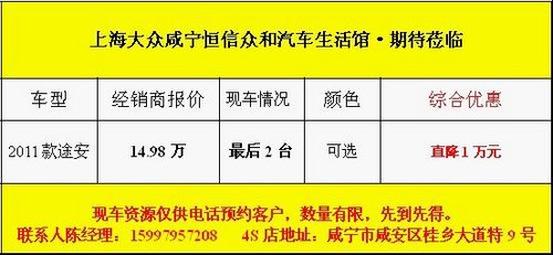 咸宁大众老途安特价直降1万