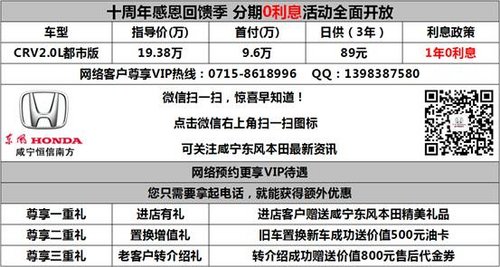 咸宁本田CRV分期0利息日供89元开回家