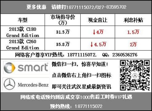 武汉奔驰C180最高现金降4万部分送保险