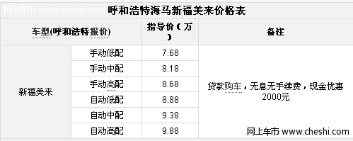 呼和浩特海马新福美来现金优惠2000元